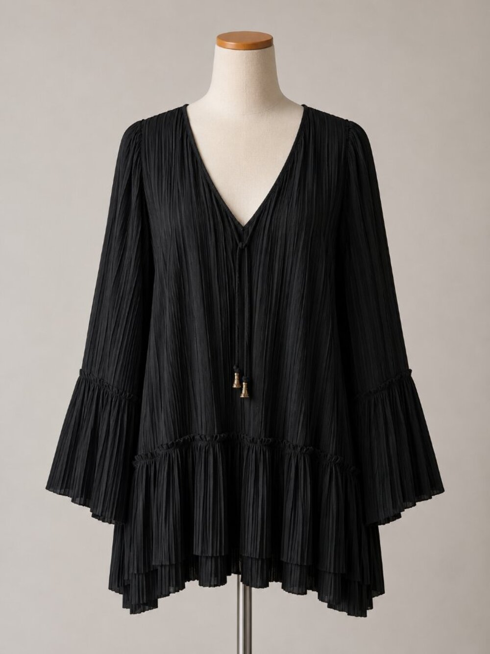 Free People Can't Help It Plisse Black Bell Sleeve Mini Dress Boho Country Chic